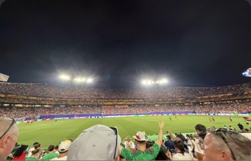 Fans cheer as Algeria and Austria leave the pitch during a FIFA-mandated hydration break.