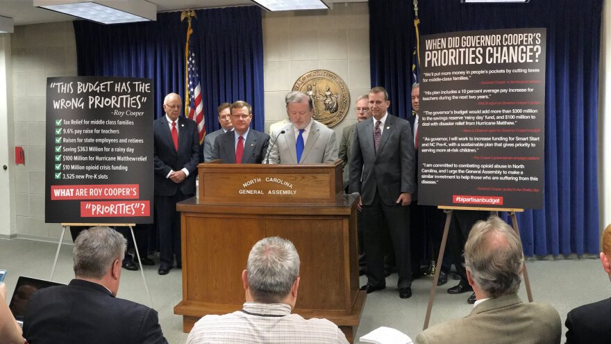 North Carolina Senate Leader Phil Berger at a summer press conference discussing the state budget.