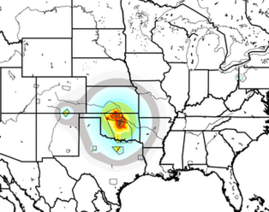 The U.S. Geological Survey is trying to model the potential hazards of oil and gas-linked earthquakes and how to account for them on national maps, like this preliminary version.