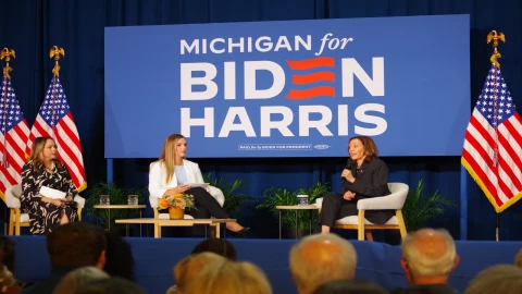 (L to R) Olivia Troye, Amanda Stratton, and Vice President Kamala Harris discussed the impact the upcoming election could have on the future of reproductive rights.