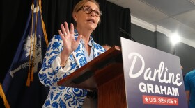 Sen. Darline Graham, R-S.C., speaks with reporters after advancing to a special GOP Senate primary runoff to replace Sen. Lindsey Graham, R-S.C., Tuesday, Aug. 11, 2026, in Columbia, S.C. (AP Photo/Meg Kinnard)