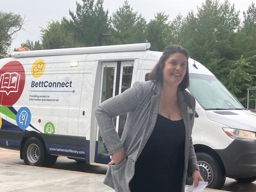 Library director Jillian Schliman outside the new outreach vehicle on Wednesday, Sept. 30, 2026.