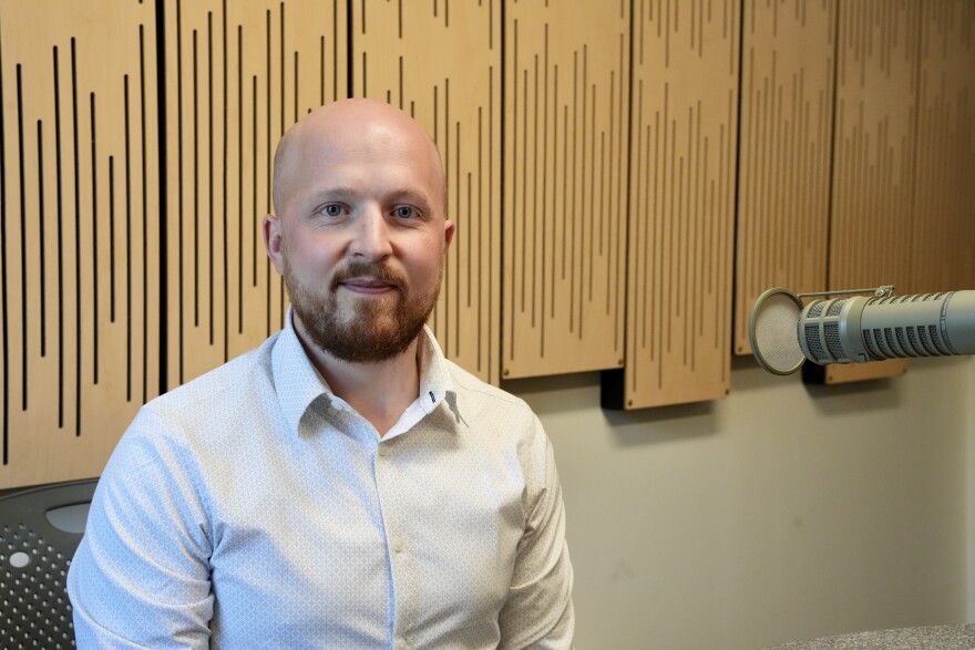 Democratic gubernatorial candidate Jonathan Kreiss-Tomkins poses for a photo at the KTOO studios on July 30, 2026.