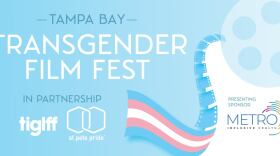 Transgender Film Fest logo, which is a tape reel and tape coming out of it in the trans flag colors of pale blue, pink and white. 