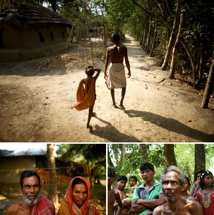 Thousands have been relocated from Ghoramara island to nearby Sagar island, including (counterclockwise from top) Sushil Mali, who walks with his grandson; and Muntaz Sheikh and his wife, Zarina Bibi. Debendra Tarek, 80, standing with other villagers, has stayed on Ghoramara.