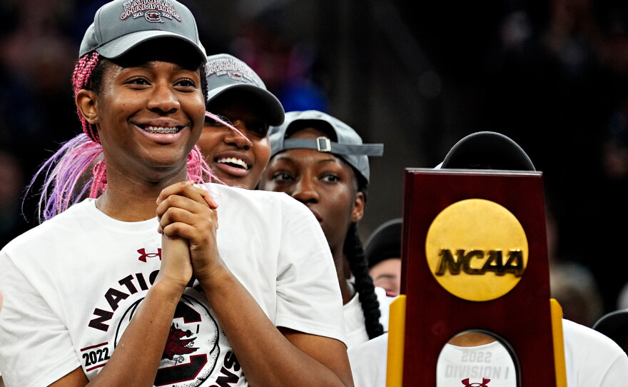 South Carolina's Aliyah Boston is all smiles after the Gamecocks won the women's NCAA Tournament against UConn 64-49 on April 3, 2022, in Minneapolis.