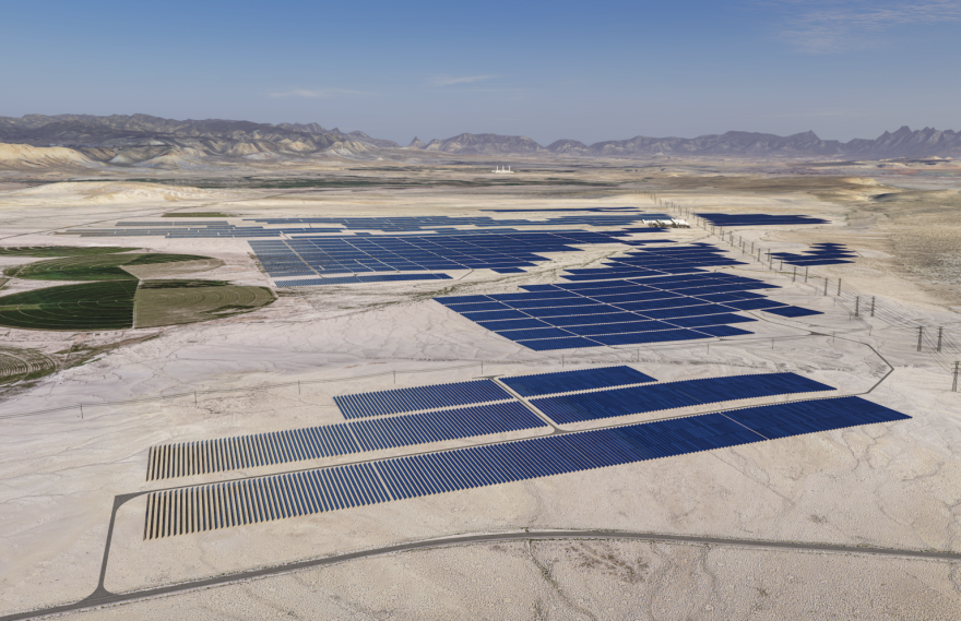 A rendering of the Green River Energy Center shows rows of solar panels in a desert area.