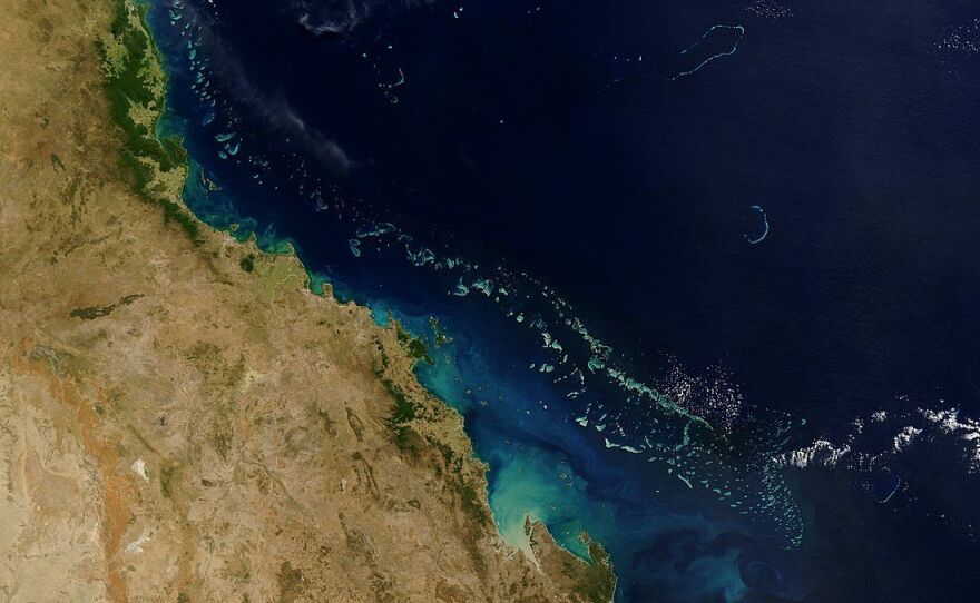 The white calcium carbonate that coats the coral of the Great Barrier Reef reflects light, making the water above the reef appear bright blue from space. This phenomenon allows the reef to be visible in satellite images, such as this one, acquired by the Moderate Resolution Imaging Spectroradiometer on NASA's Terra satellite in August 2004.
