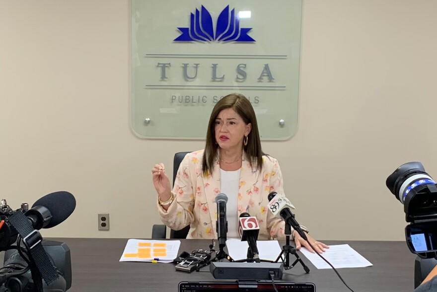 Tulsa Public Schools Superintendent Deborah Gist speaks to reporters at a news conference on Wednesday, July 26, 2023, at the TPS Service Center.