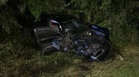 The black Toyota Tacoma pick-up truck driven by Richmond Ray Saimon after the crash.