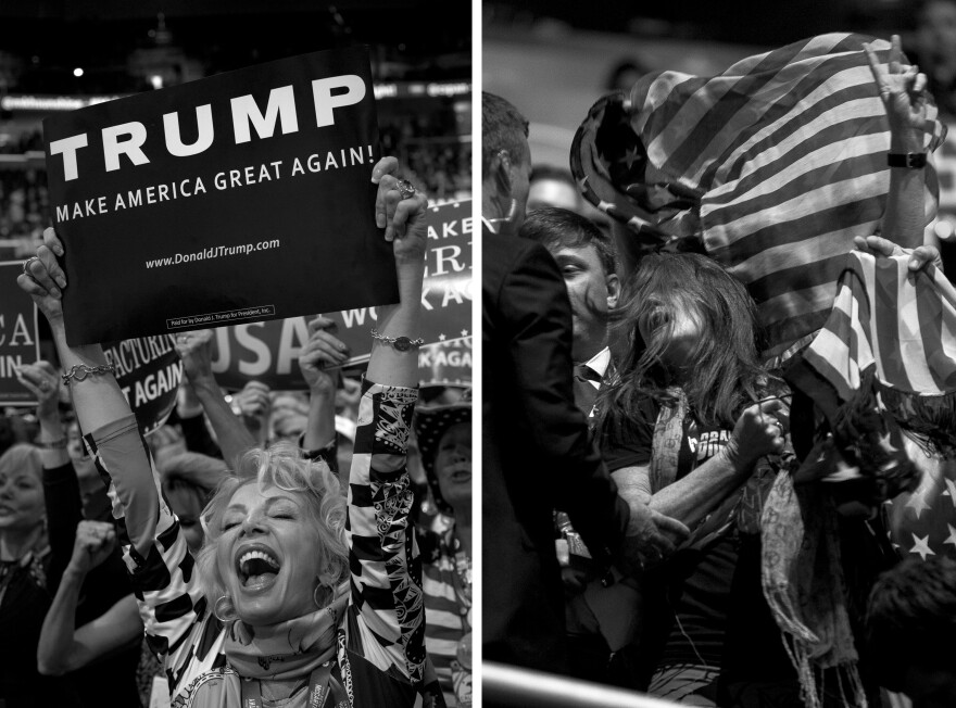 (Left) A woman with the California delegation cheers for Trump during the convention. (Right) A protester with Code Pink demonstrates during the convention on Tuesday and is later escorted outside the hall.