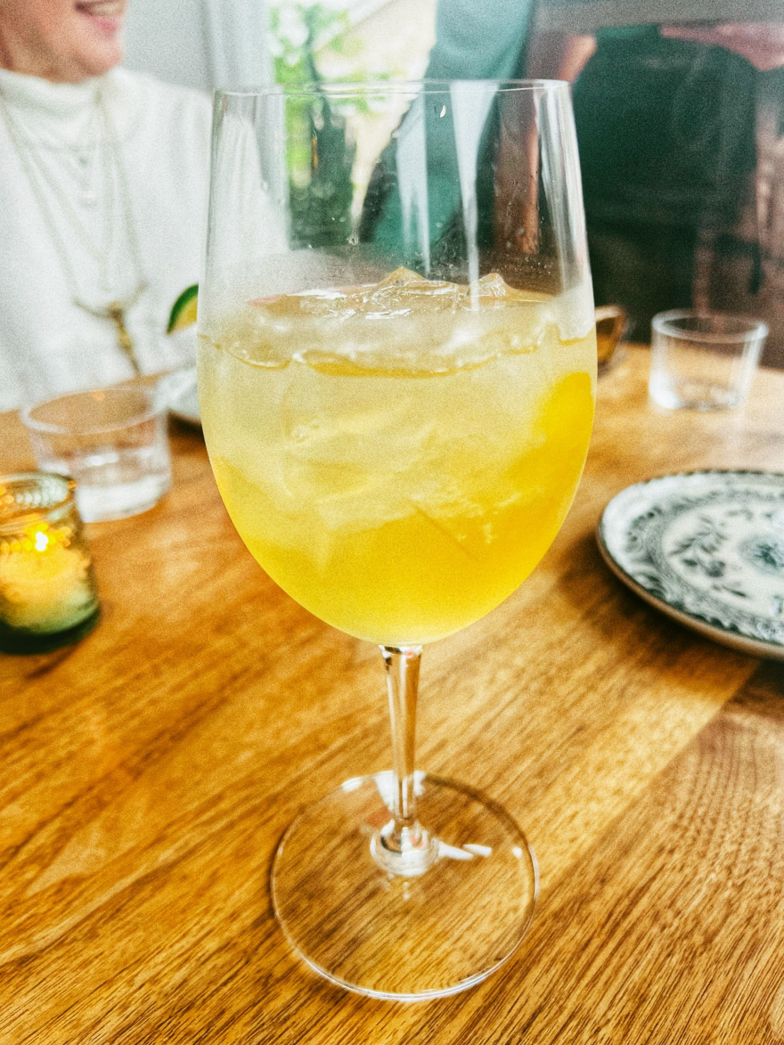 La Sirena's house spritz is made of Sirena Americano Blanco, the French vermouth Comoz blanc, lemon juice and soda.