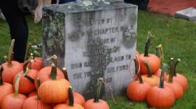 Pumpkins gathered around a stone dedication in Milford town square.
