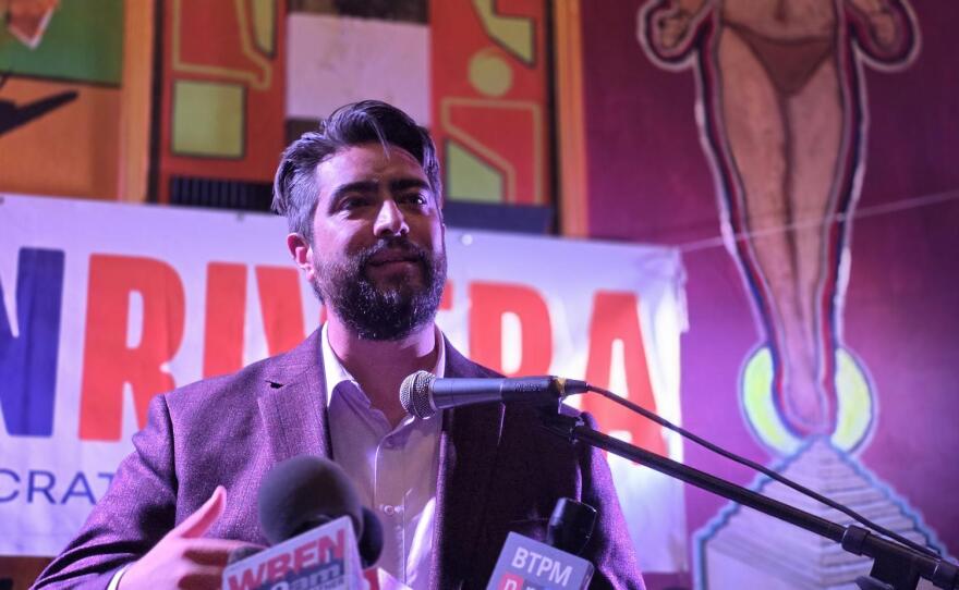 Assemblymember Jon Rivera celebrates his Democratic primary win over State Sen. Jeremy Zellner to family and supporters at Indigo Chapel on Lafayette Ave. in Buffalo.