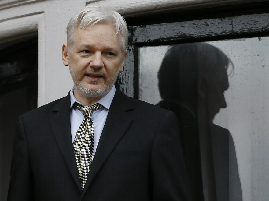 WikiLeaks founder Julian Assange speaks on the balcony of the Ecuadorean Embassy in London on Feb. 5.