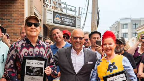Fred Schneider (left) and Kate Pierson of the B-52s join Adam Philipson, President and CEO of the Count Basie Center for the Arts on Friday, July 10, 2026.