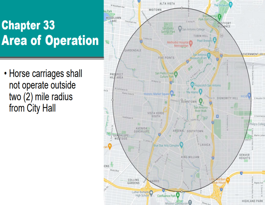 The area where horse-drawn carriages can currently operate in San Antonio.