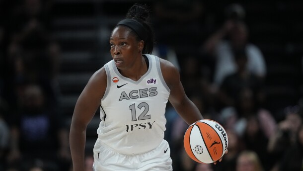 Las Vegas Aces guard Chelsea Gray (12) during the first half of a WNBA preseason basketball game against the Dallas Wings in Austin, Texas, Sunday, May 3, 2026. (AP Photo/Eric Gay)