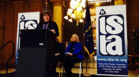 Indiana State Teachers Association President Teresa Meredith speaks at the Statehouse on Thursday, Jan. 8, 2015.