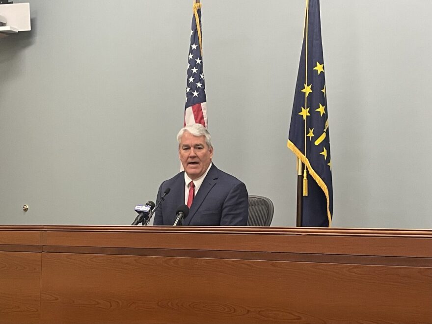 Indiana Utility Regulatory Commission Chair Andy Zay announces an affordability inquiry into the “big five” electric providers during a news conference on Wednesday, Feb. 25, 2026.