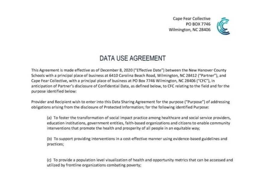 From the proposed data-sharing agreement between Cape Fear Collective and New Hanover County Schools.