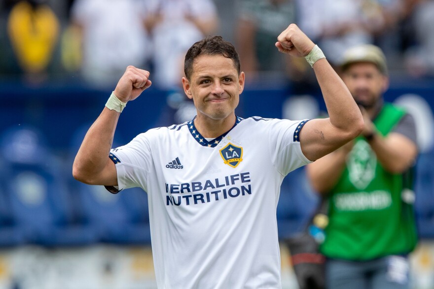 LA Galaxy forward Javier Hernandez reacts to fans after the Galaxy defeated Nashville SC in an MLS playoff soccer match, in Carson, Calif., Oct. 15, 2022.