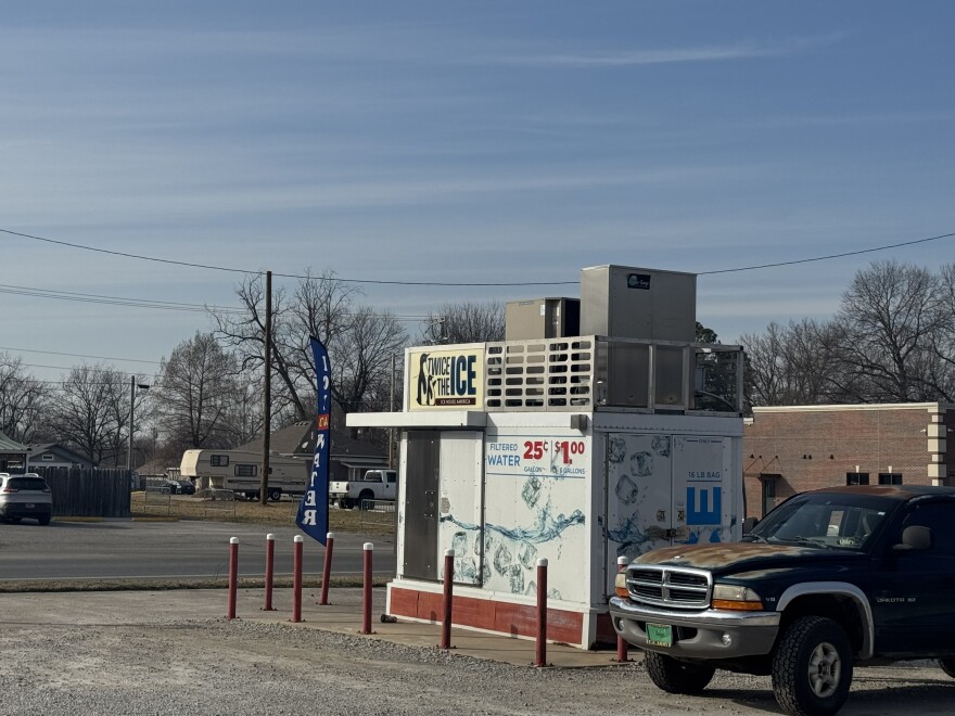 Stephen Eby’s truck is parked next to the Twice the Ice kiosk in Baxter Springs, Kan., on Feb. 10, 2026. Researchers tested water and ice kiosks across five states from 2023 to 2025, and water from this one had the highest amount of lead.