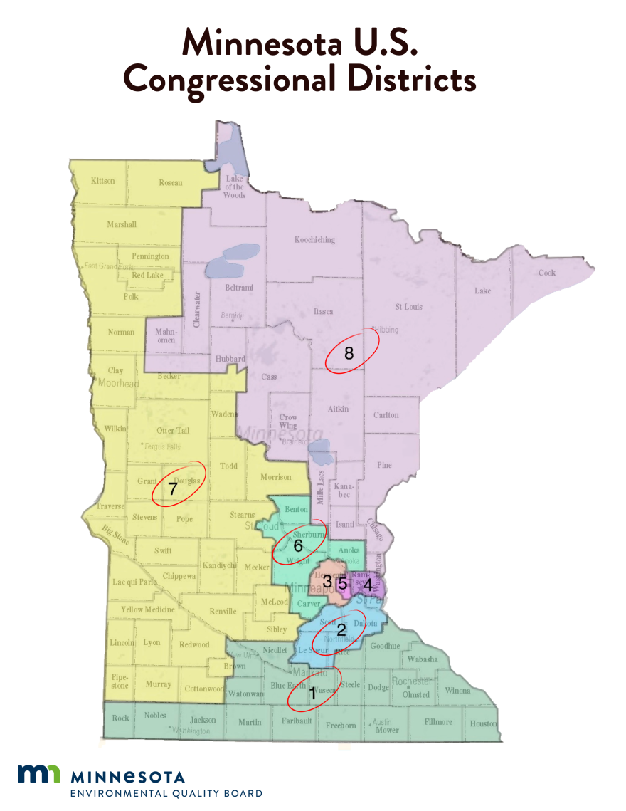 A map of Minnesota shows the congressional districts, with districts 1, 2, 6, 7 and 8 circled. These districts have open positions on the Environmental Quality Board for public members, with applications open through February 2026.