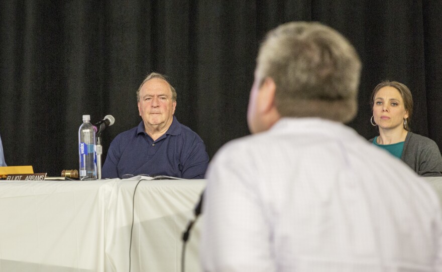 Chair of the Patton Township board of supervisors, Elliot Abrams (left), and member Jessica Buckland listened to a resident speak during the public hearing.