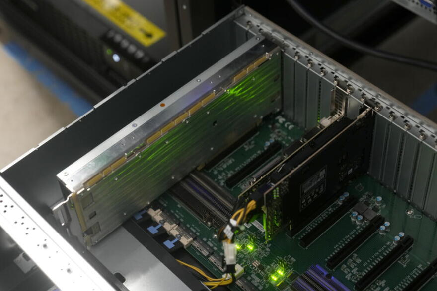 A d-Matrix Corsair PCIe card is shown in a server at the d-Matrix office in Santa Clara, Calif., Wednesday, Oct. 16, 2024. (Jeff Chiu/AP)
