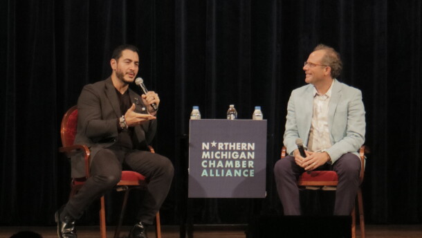Democratic Senate candidate Abdul El-Sayed (left) speaks with Kyle Melinn of MIRS (right) at a campaign forum in Traverse City on September 21st, 2026