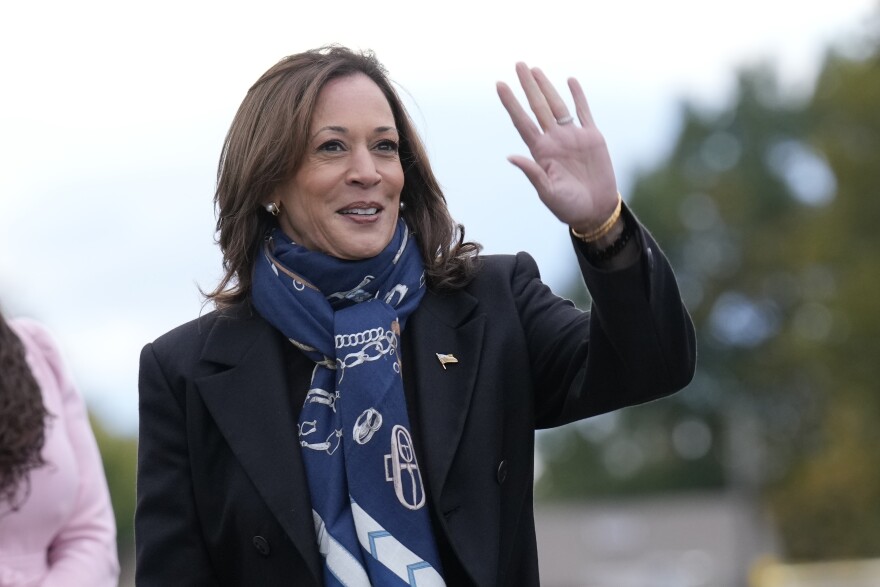 Democratic presidential nominee Vice President Kamala Harris arrives at Erie International Airport, in Erie, Pa., Monday, Oct. 14, 2024, to attend a campaign rally.