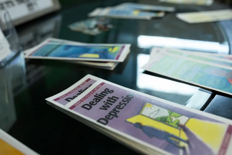 Mental health pamphlets at an office complex in Round Rock on Monday, Aug. 5, 2024.