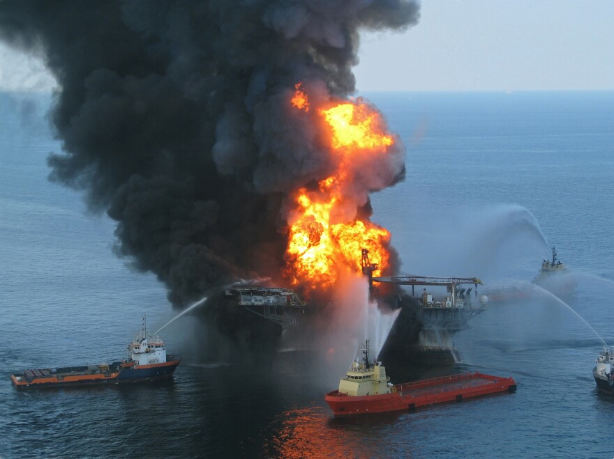 Deepwater Horizon drilling platform on fire in 2010.