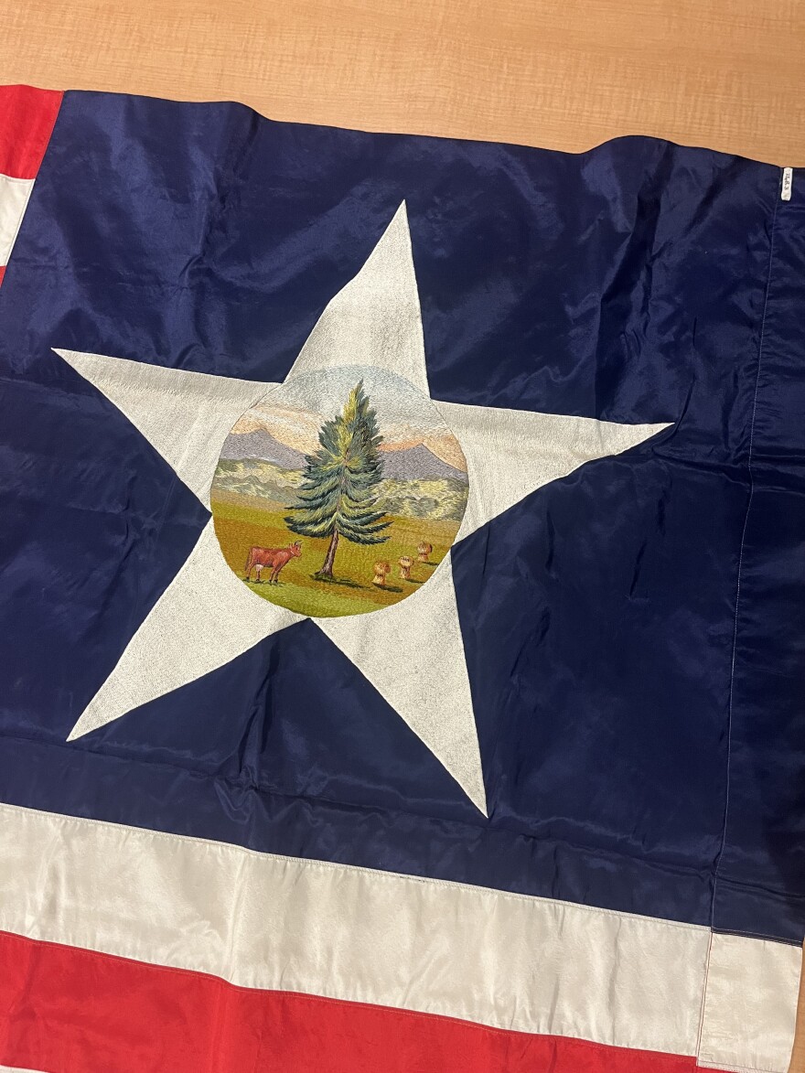 A blue square on a flag has a white star inside. In it is a landscape of a tree and some mountains.