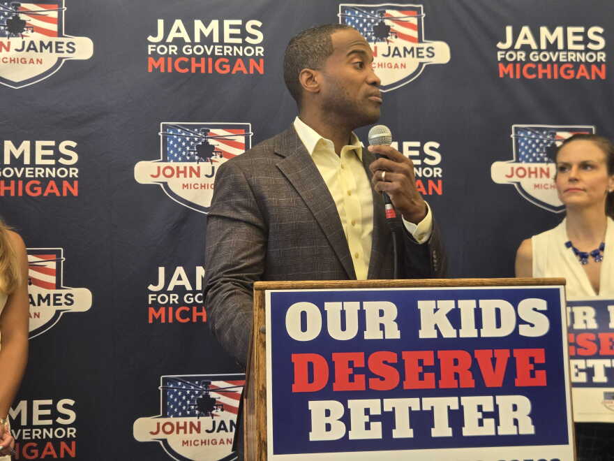 Republican nominee for Governor John James for stronger parental rights during a press conference in metro Detroit Monday afternoon.