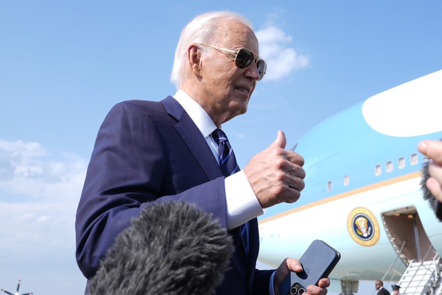 President Joe Biden speaks with reporters at Andrews Air Force Base, Md., Monday, July 15, 2024. as he heads to Las Vegas.
