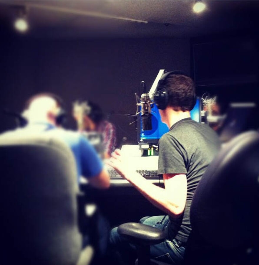 Producer Jess Gitner, one of our other favorite NPR types, snapped this photo of Mike as he spoke for Friday's show about his old job and his new one.