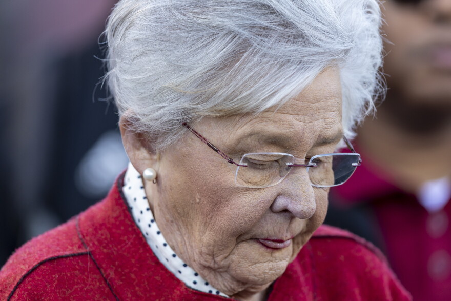 Alabama Governor Kay Ivey visits the sidelines during an NCAA football game between Troy and Arkansas State on Saturday, Oct. 7, 2023, in Troy, Ala. (AP Photo/Vasha Hunt)