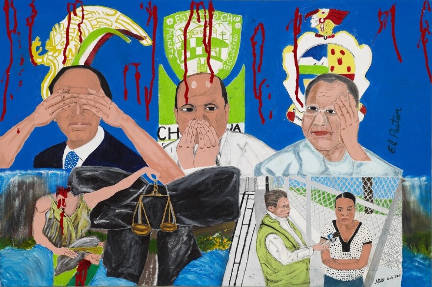 A painting by <em>Vision en Accion </em>pastor Antonio Galvan titled "<em>Justicia Decapitado</em>." He says painting helps "keeping our mind busy."