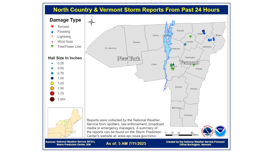 The National Weather Service compiled a map of storm impacts, with flooding concentrated in Caledonia and Orleans counties.