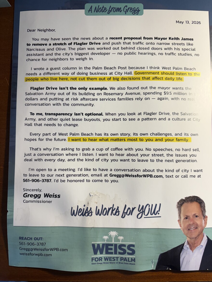 Mailer from the Gregg Weiss campaign for West Palm Beach mayor