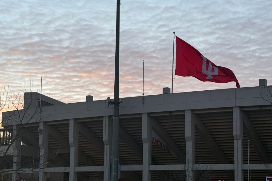 Indiana University's victory flag flies over Memorial Stadium on Tuesday, Jan. 20, 2026, in Bloomington, Ind.