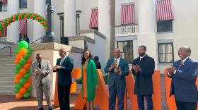 Florida A&M senior leadership meet up with local and state officials Wednesday, Feb. 21, outside of the old Capitol building. While lawmakers continue to negotiate the state budget, FAMU President Larry Robinson is asking for $45.5 million to fill vacant staff positions and tackle infrastructure needs. (Adrian Andrews/WFSU)