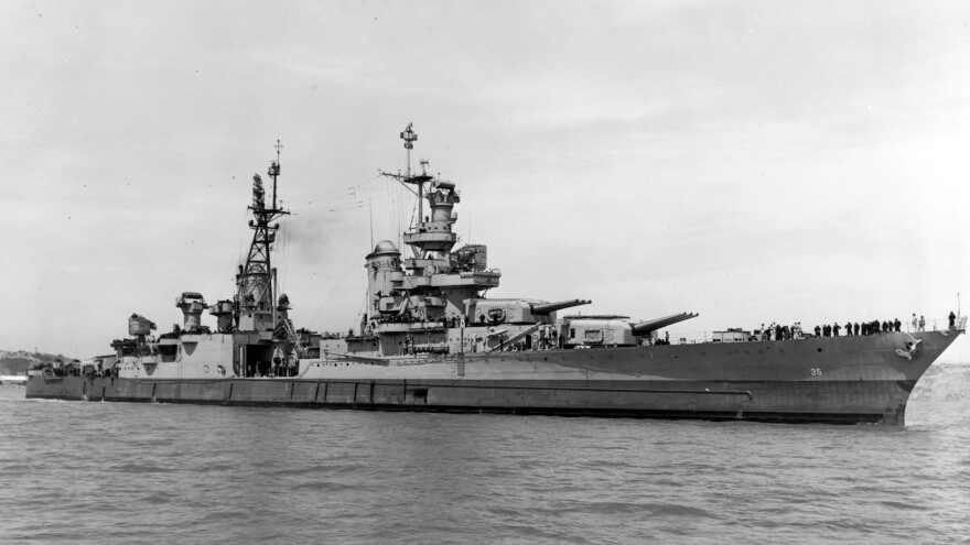 In this July 10, 1945, photo provided by U.S. Navy media content operations, USS Indianapolis (CA 35) is shown off the Mare Island Navy Yard, in Northern California, 20 days before it was sunk by Japanese torpedoes.
