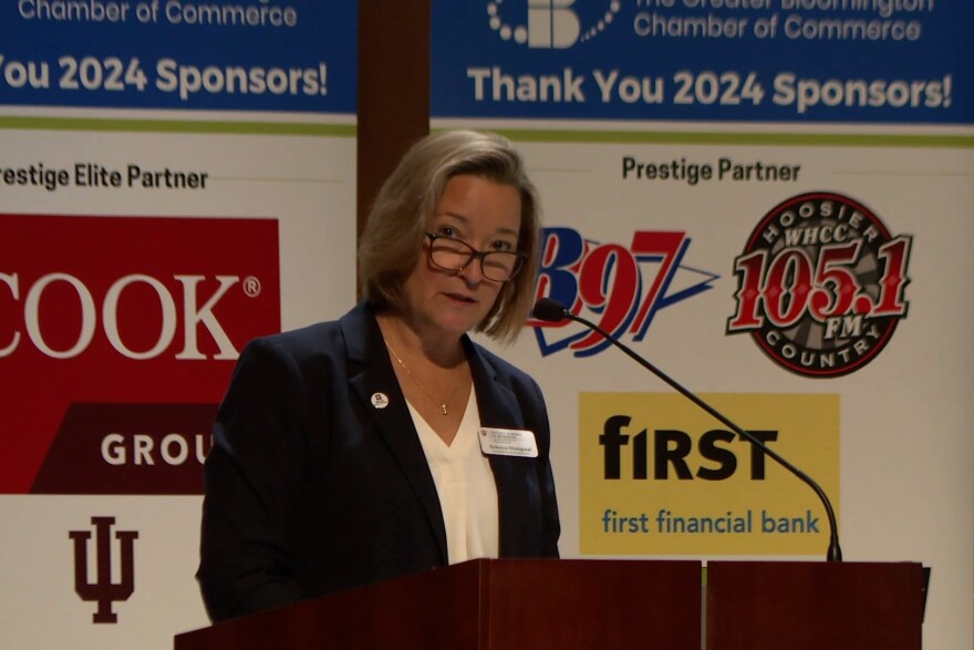 Rebecca Slotegraaf, associate dean for marketing in the Kelley School of Business, moderated the event at Ivy Tech Community College Bloomington Thursday.