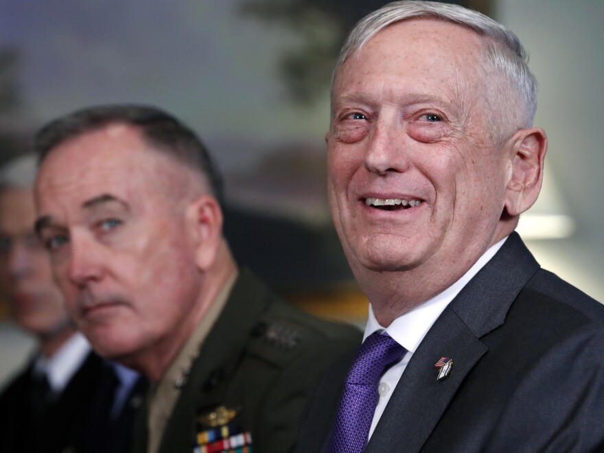 Joint Chiefs Chairman Gen. Joe Dunford (left) with Mattis, who is departing the administration.