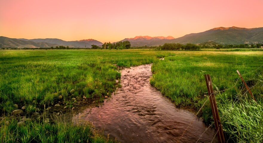 An open field at sunset with a stream running through it and mountains off in the distance