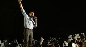 US Rep. Beto O'Rourke, D- El Paso, thanks the crowd of supporters as he leaves the stage during the Turn Out For Texas Rally with Willie & Beto held at Auditorium Shores in Austin on Sept. 28, 2018.