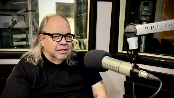 Mark Turcotte at the mic in NPR Illinois Studio A
